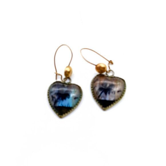 Tropical Reverse Painted Butterfly Wing Earrings, Heart Shaped Dangle - Picture 2 of 4